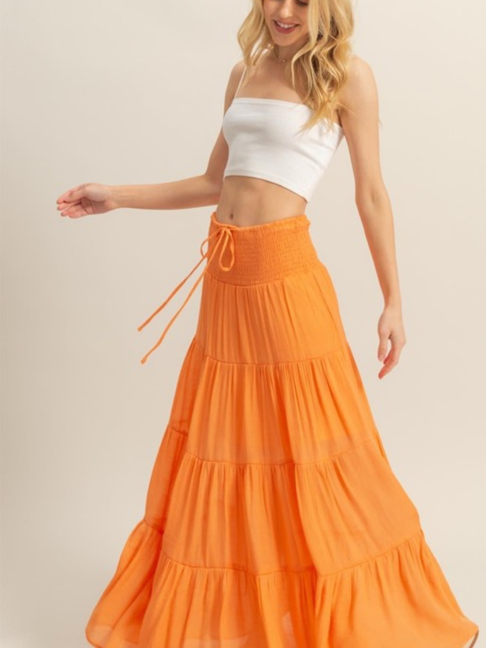 HYFVE Vibrant Orange & White Tiered Maxi Skirt with Smocked Waist available